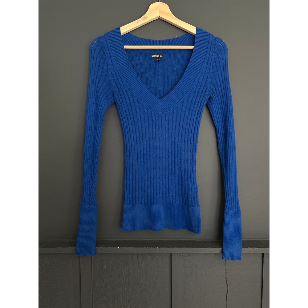 Express 2011 V Neck Cableknit Cobalt Blue Pullover Sweater Size XS